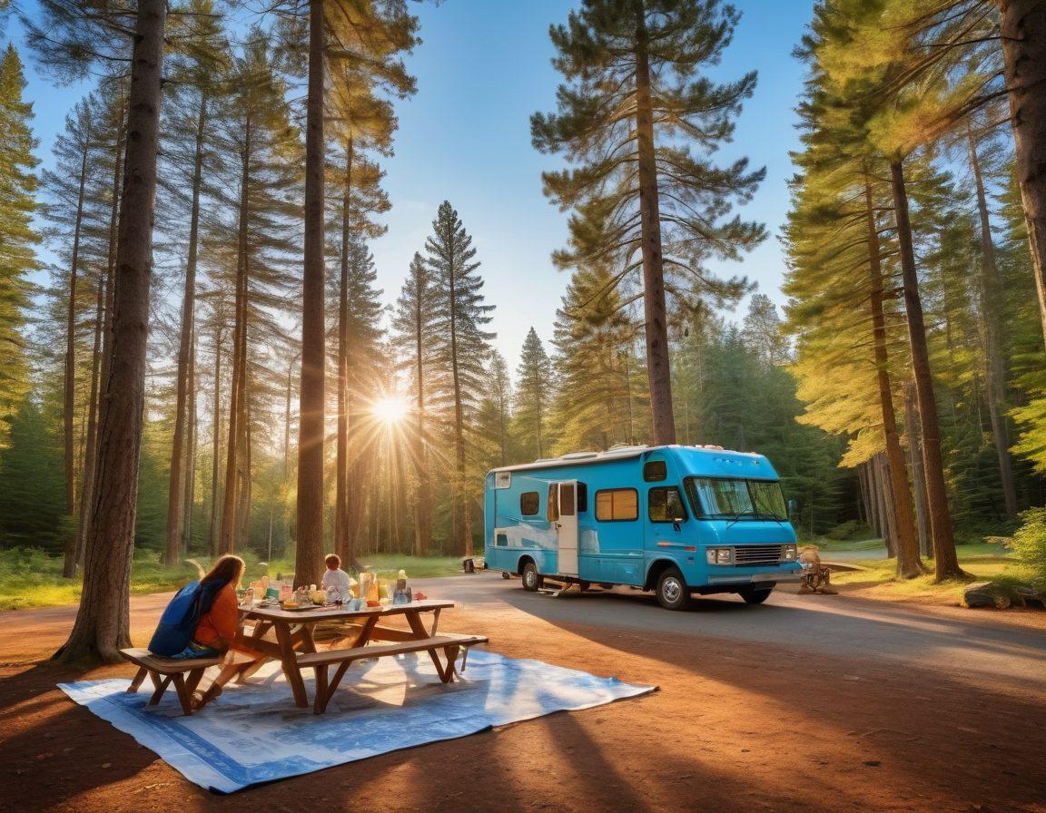 A serene camping scene featuring a cozy RV parked by a picturesque forest with a road stretching into the distance. Show a family enjoying a picnic outside their RV while a friendly roadside assistance vehicle approaches, displaying a welcoming smile. Incorporate elements like a map, travel insurance documents spread out on a picnic table, and a bright blue sky above. The color palette should be warm and inviting. super-realistic. vibrant colors.