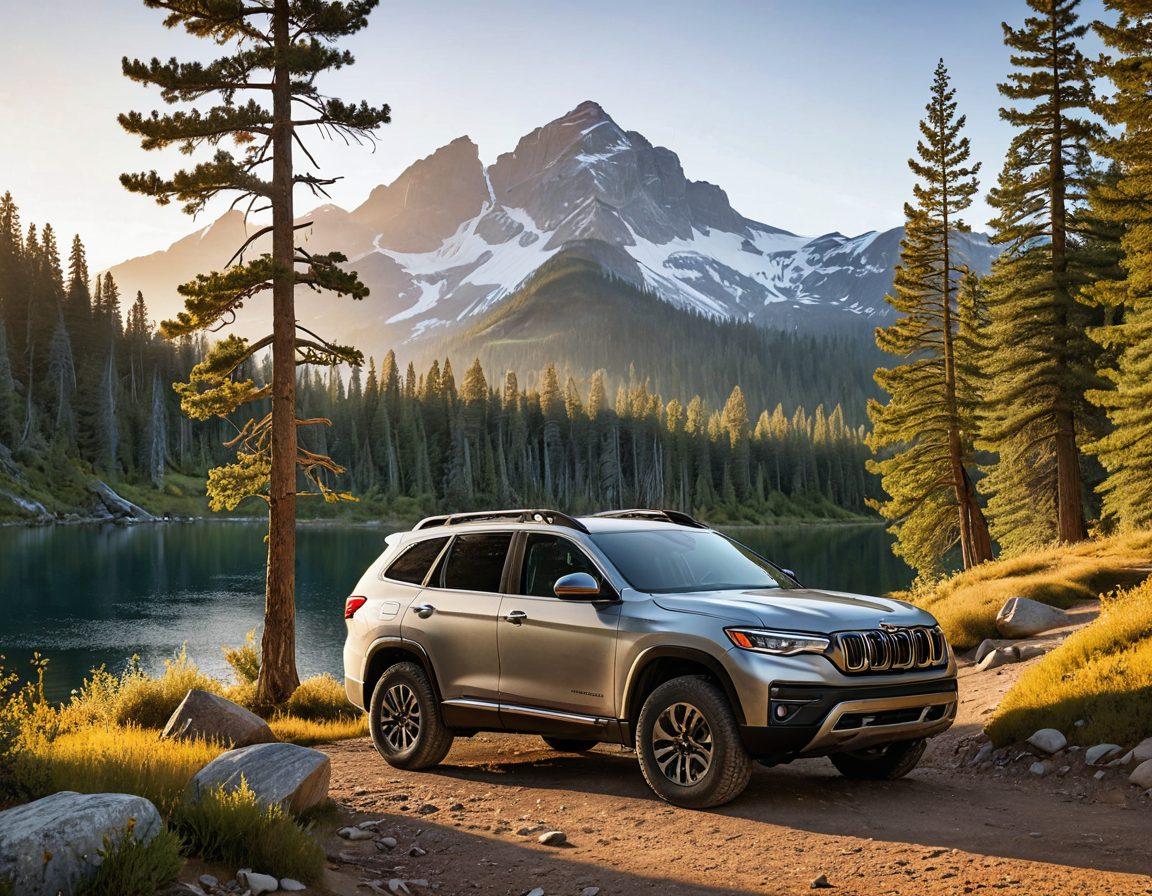 A rugged SUV parked near a scenic mountain trail, surrounded by nature. Highlight a correct insurance policy document leaning against the vehicle. Include a serene sunrise backdrop with trees and wildlife in the distance, symbolizing adventure and protection. Add outdoor equipment like camping gear or bikes near the car, emphasizing outdoor excursions. vibrant colors. super-realistic.