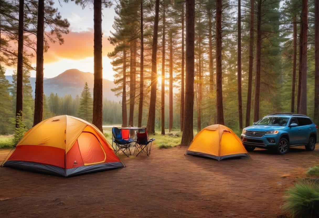 A scenic camping site with a family-sized SUV parked next to a vibrant tent, surrounded by tall pine trees and a beautiful sunset in the background. Visual elements include camping gear like folding chairs, a portable grill, and a map spread out nearby. Highlight the importance of vehicle insurance with subtle symbols like a shield or a checklist integrated into the scenery. The atmosphere should evoke adventure and safety. super-realistic. vibrant colors. nature backdrop.